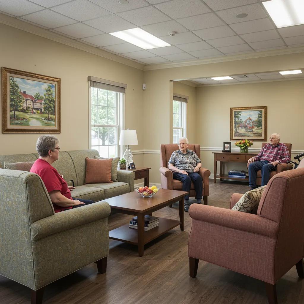 Residential memory care facility in West Virginia with residents and caregivers in a warm, inviting environment