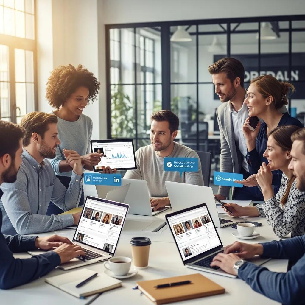 Sales professionals collaborating using social media tools in a modern office