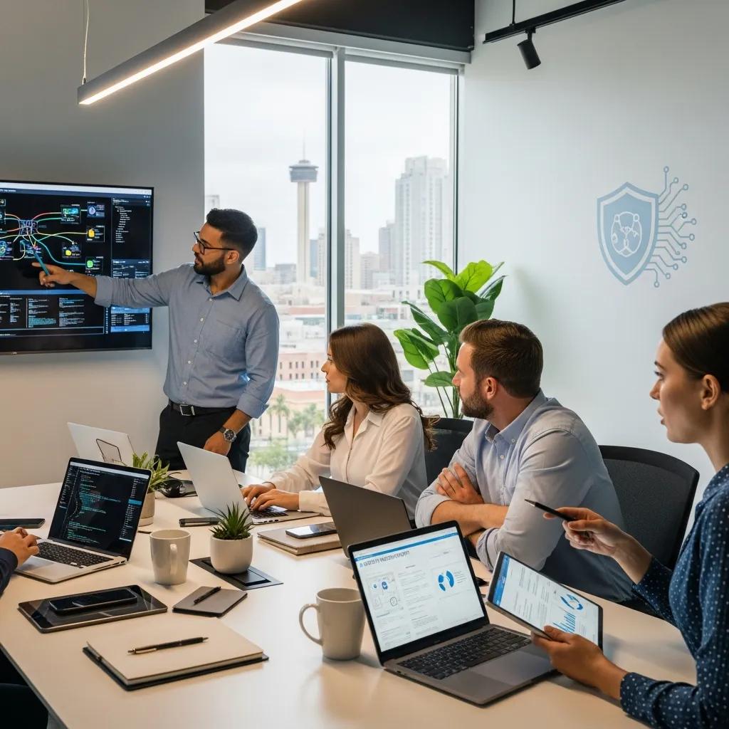 San Antonio professionals discussing cybersecurity strategies in a modern office setting