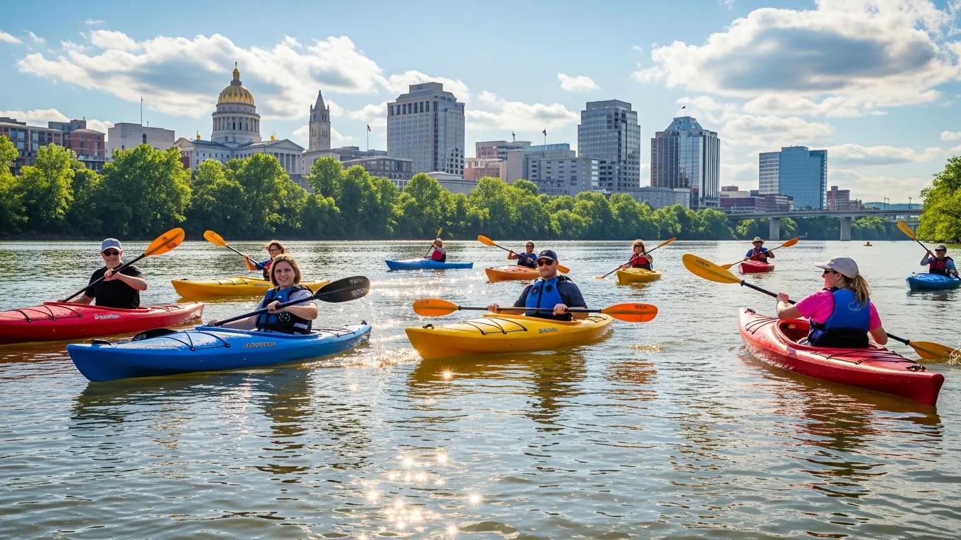 Scenic view of the Kanawha River with kayakers and Charleston skyline