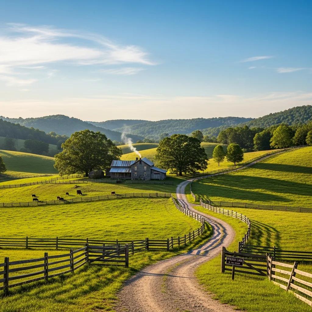 Scenic West Virginia landscape with farmhouse and dirt road, representing land ownership