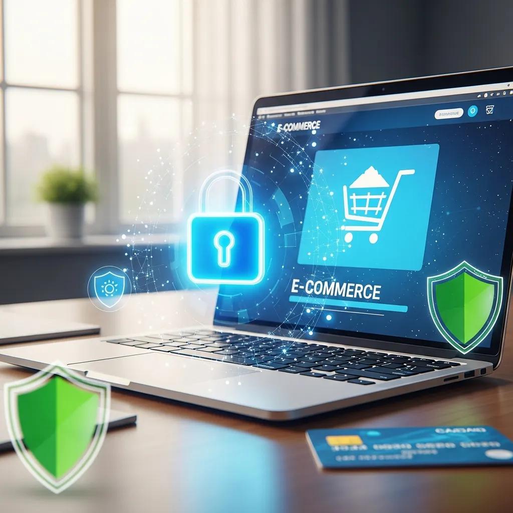 Secure online payment process with laptop, shopping cart, padlock, and shield