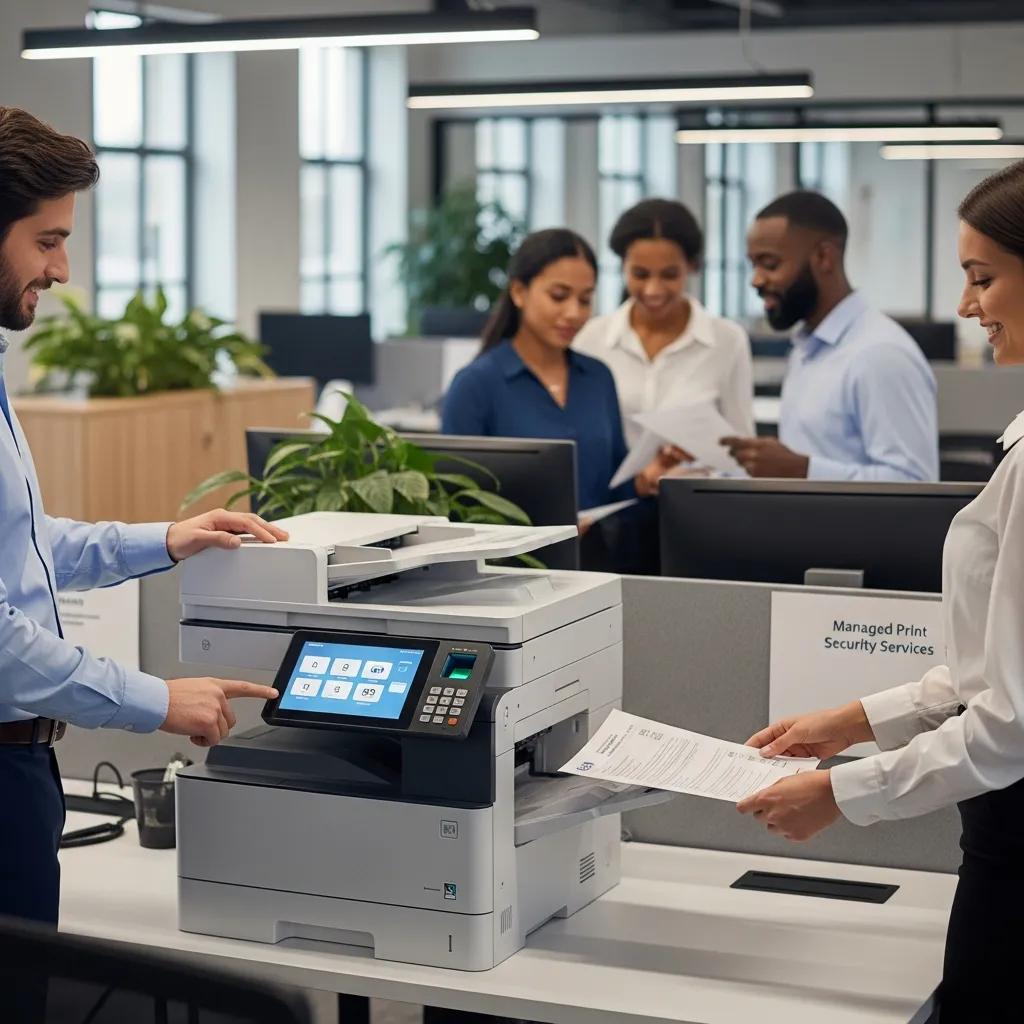 Secure printing setup in a professional office highlighting managed print security solutions