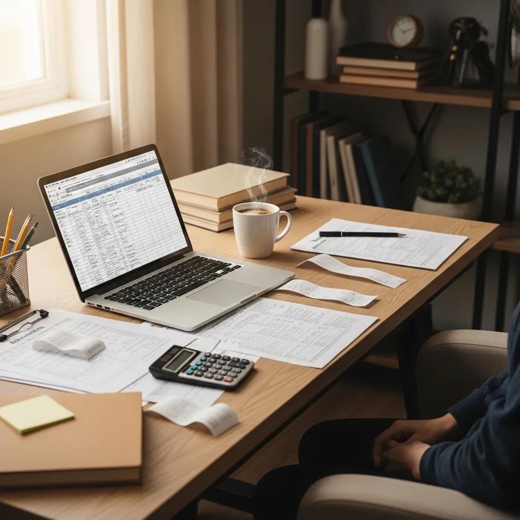 Self-employed worker in a cozy home office with tax documents and a laptop