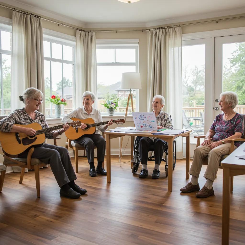 Seniors participating in engaging memory care activities in a warm, home-like setting