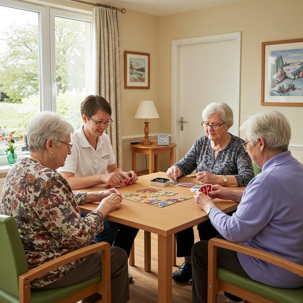 Seniors playing memory enhancement games in a cozy room, highlighting cognitive engagement and social interaction