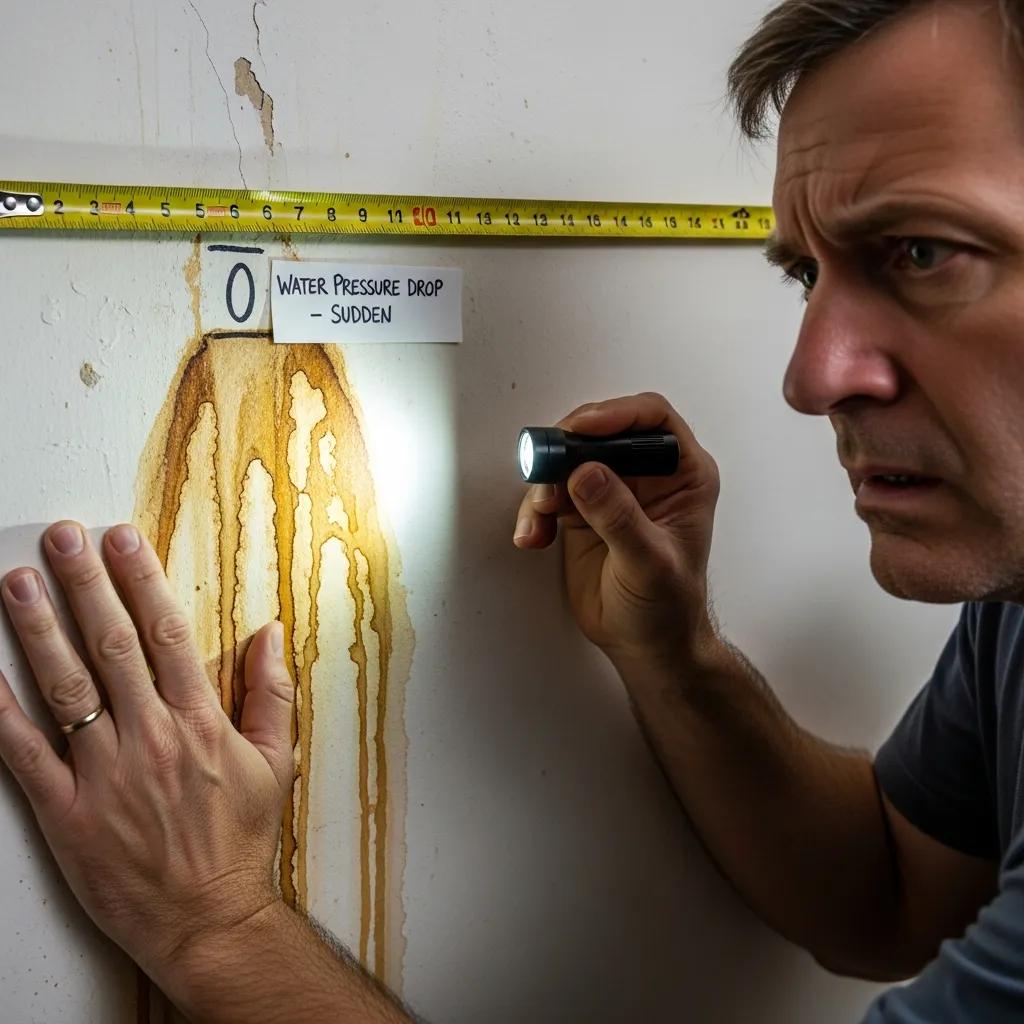 Signs of a burst pipe with water stains and homeowner inspecting