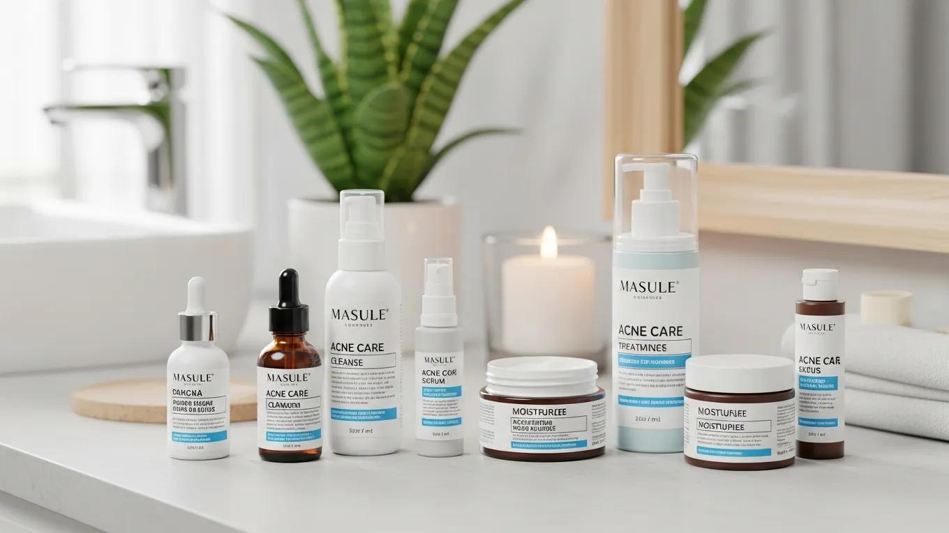 Skincare products for acne treatment arranged on a bathroom countertop, emphasizing self-care and effective solutions