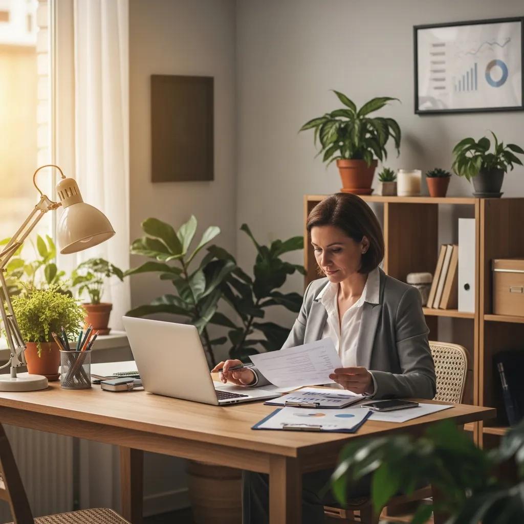 Small business accountant reviewing financial documents in a cozy office setting