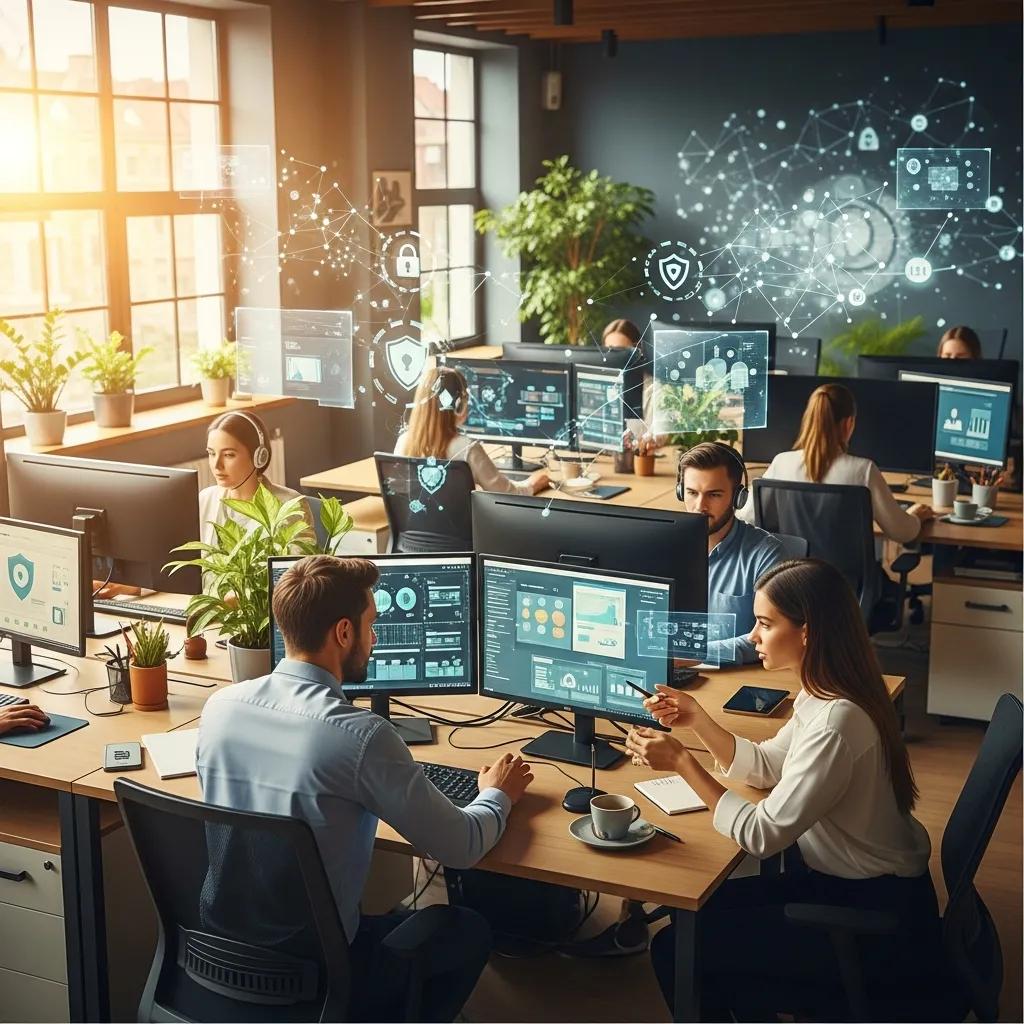 Small business office environment emphasizing cybersecurity awareness and collaboration