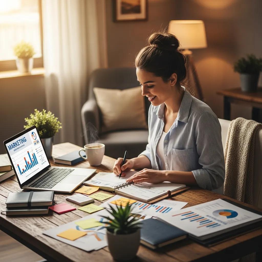 Small business owner analyzing marketing expenses with a laptop and marketing materials