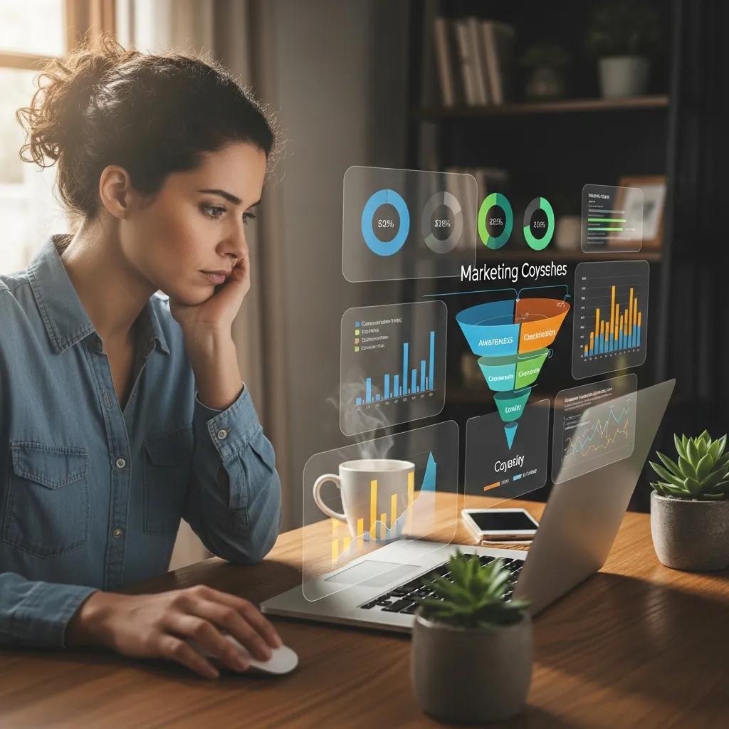 Small business owner analyzing marketing funnel strategies on a laptop