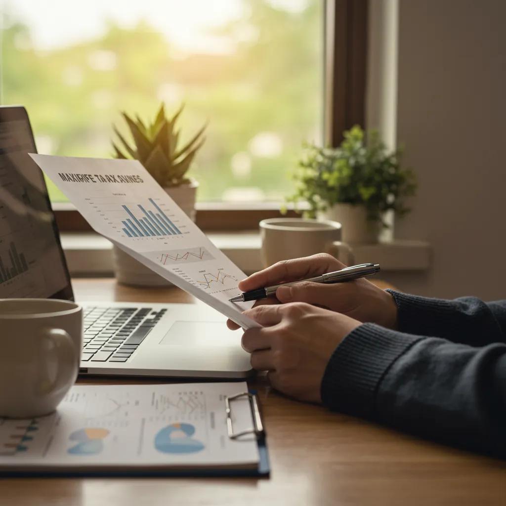 Small business owner analyzing tax strategies at a cozy desk with financial documents and a laptop