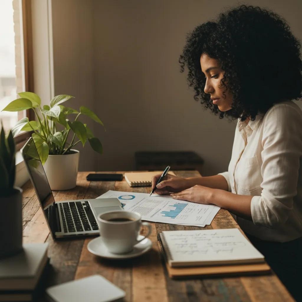 Small business owner at a desk with accounting documents and a laptop, creating a warm and inviting atmosphere