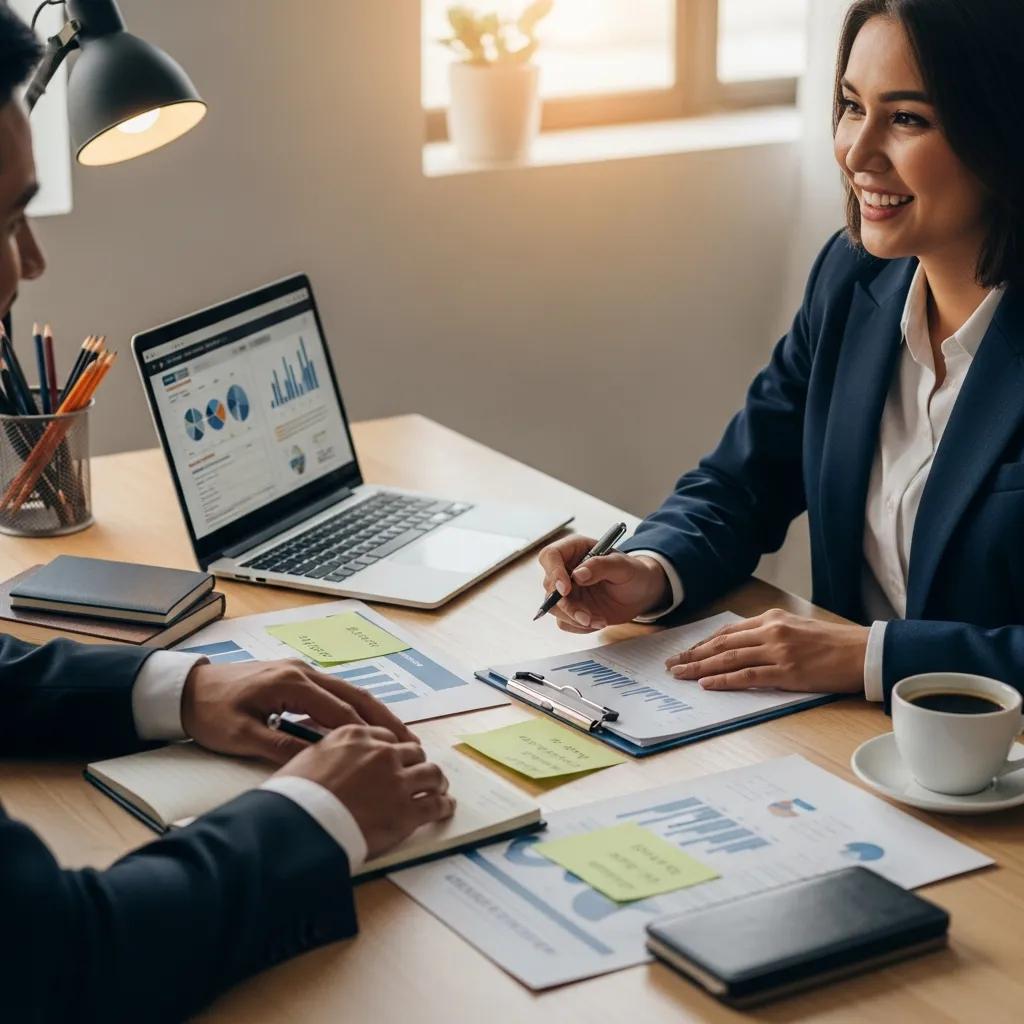 Small business owner consulting with a business credit coach in a cozy office setting