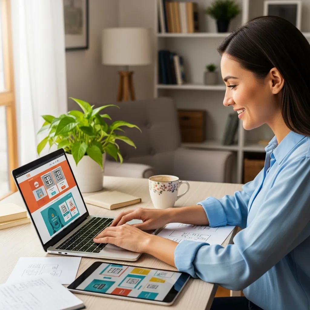Small business owner designing a custom website in a cozy office setting