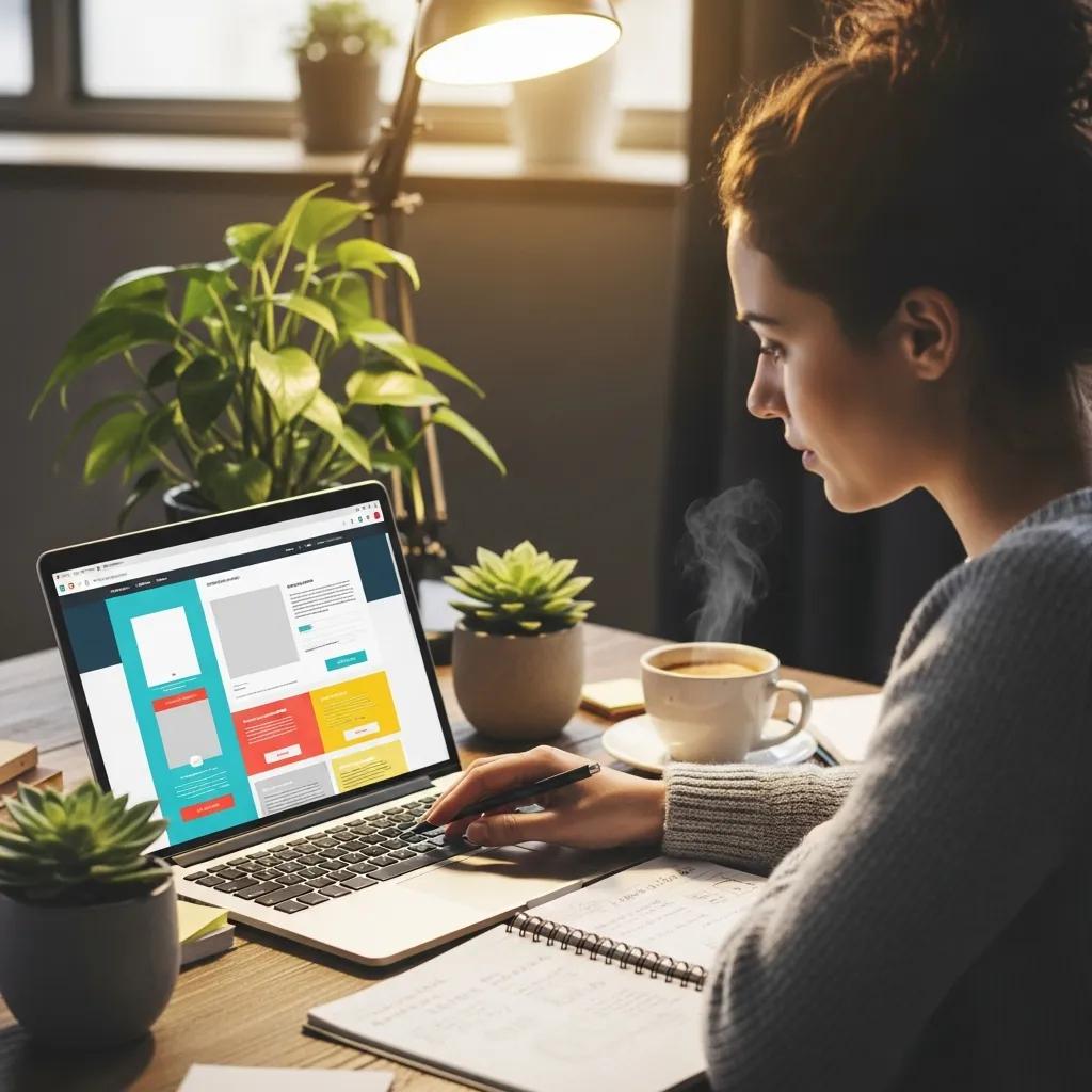 Small business owner designing an email newsletter in a cozy workspace with a laptop and coffee