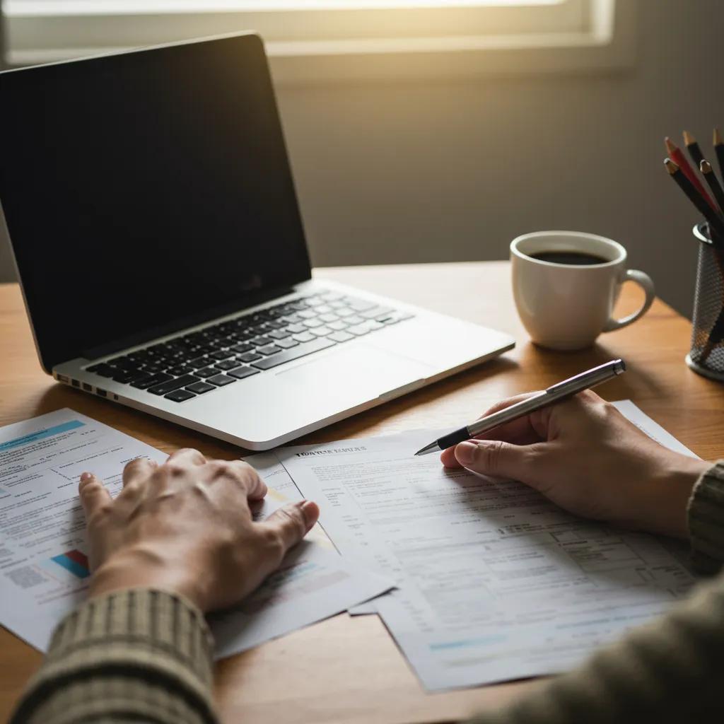 Small business owner in a cozy home office reviewing tax documents and planning deductions