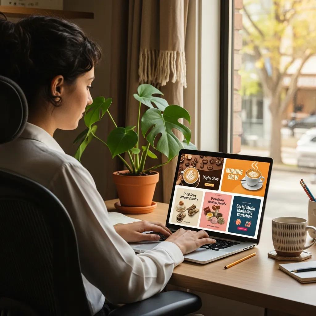 Small business owner in a modern workspace engaging with display advertising on a laptop