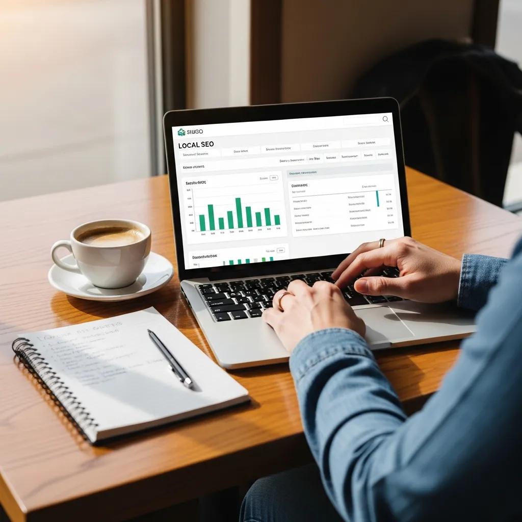 Small business owner in Oliver BC optimizing local SEO in a café