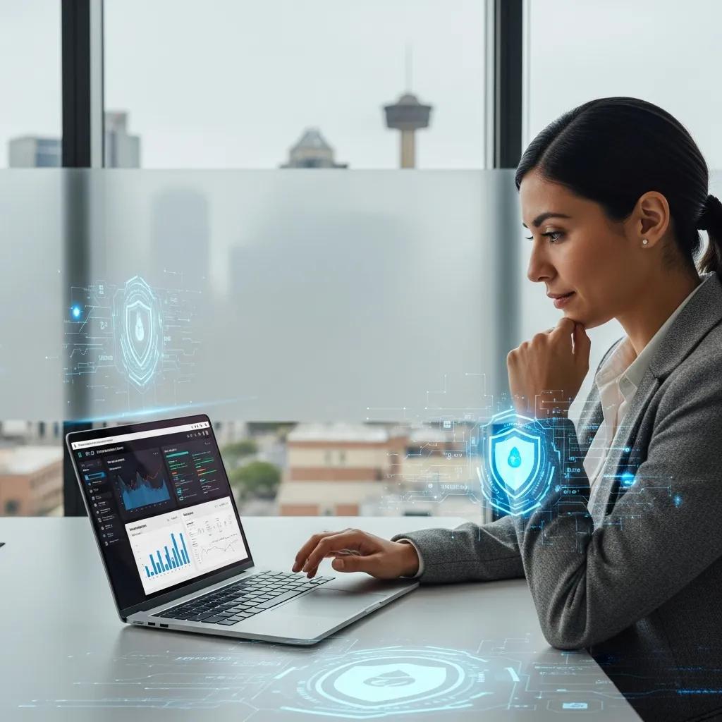 Small business owner in San Antonio reviewing cybersecurity measures on a laptop