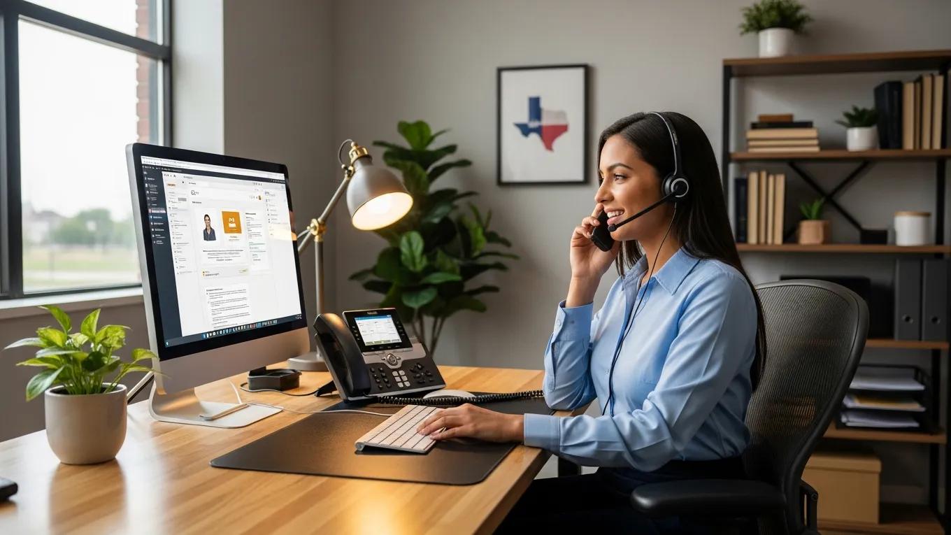 Small business owner in Texas using VoIP phone system in a modern office