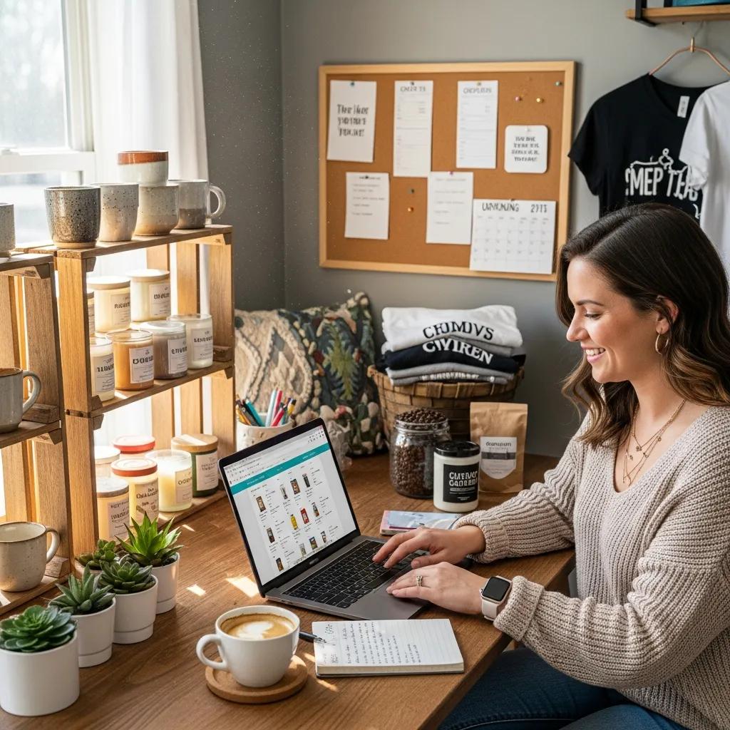 Small business owner managing an online storefront with products in a cozy workspace