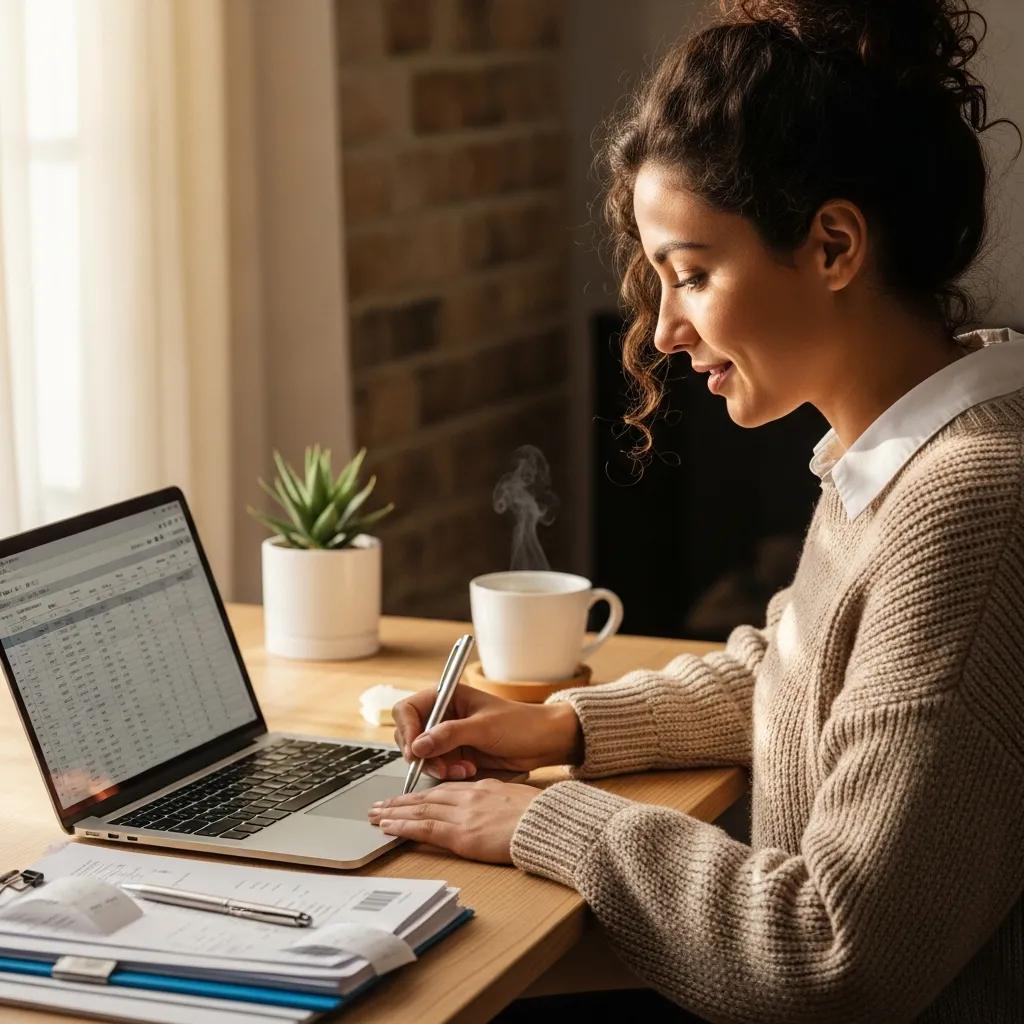 Small business owner managing finances at a cozy desk with documents and a laptop