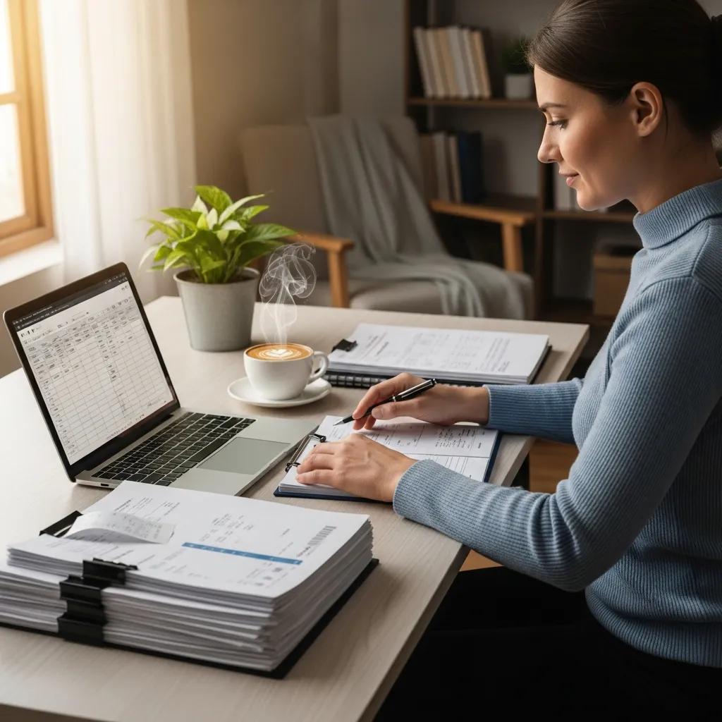 Small business owner managing finances in a cozy home office setting