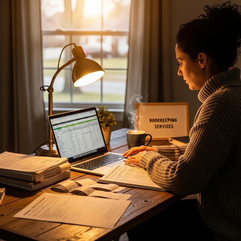 Small business owner managing finances with bookkeeping services in a cozy workspace