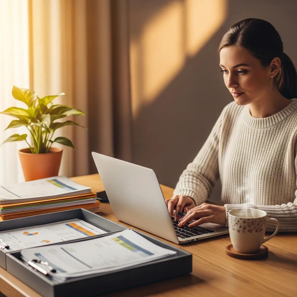 Small business owner managing finances with organized documents and a laptop