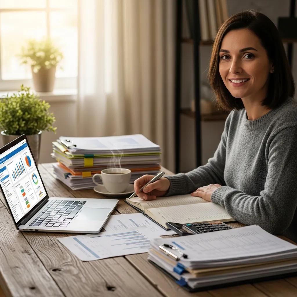 Small business owner managing finances with organized documents and a laptop
