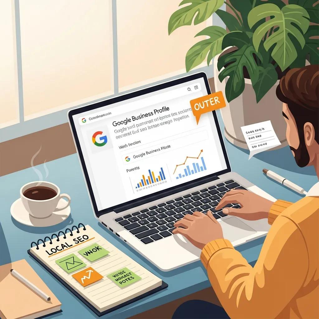 Small business owner optimizing Google Business Profile in a cozy office