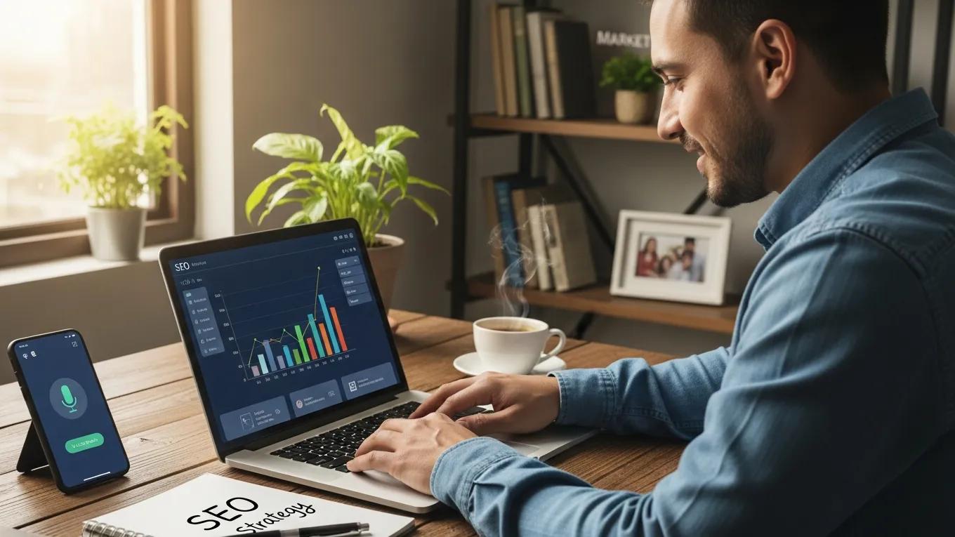 Small business owner optimizing website for voice search and SEO in a cozy office