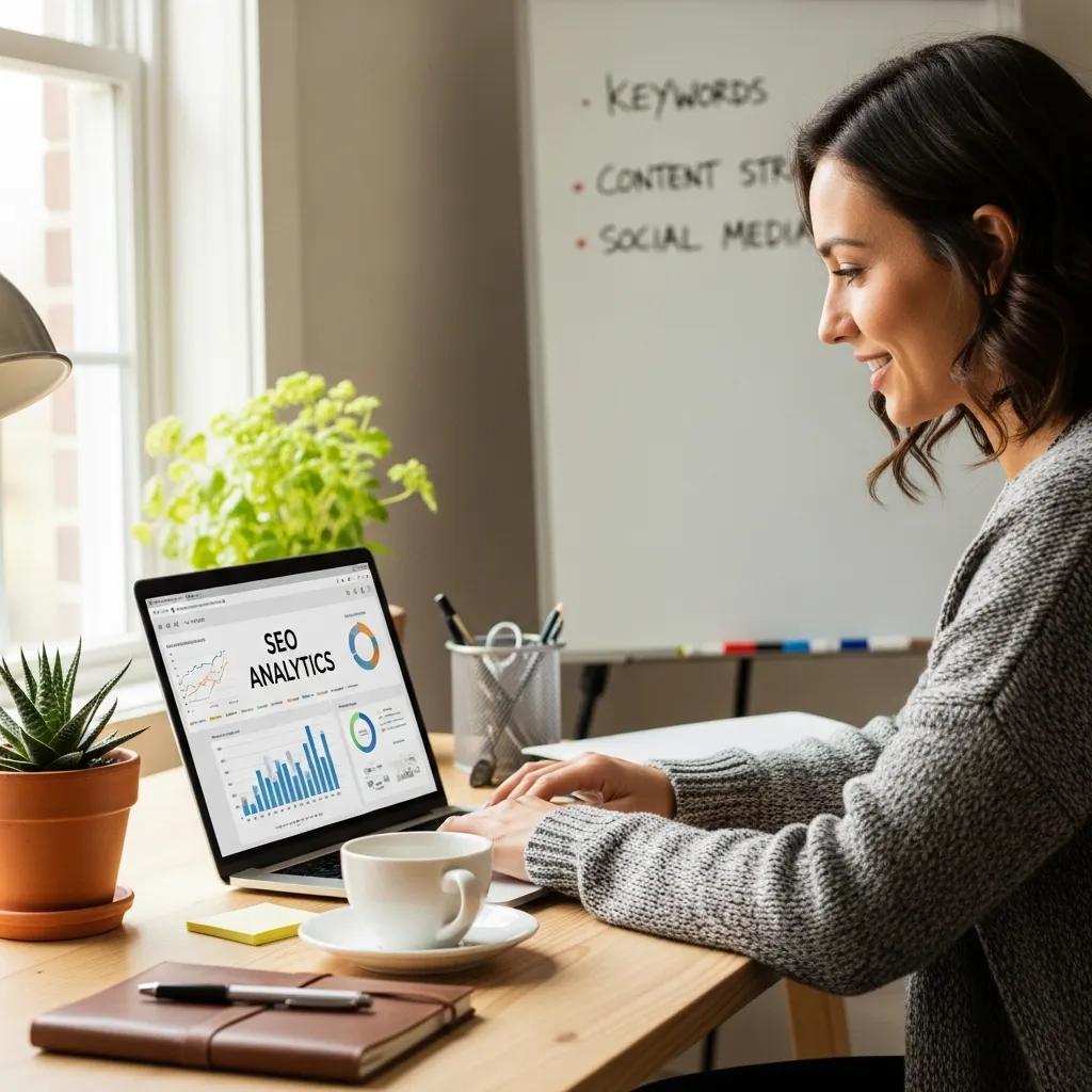 Small business owner optimizing website SEO in a cozy office