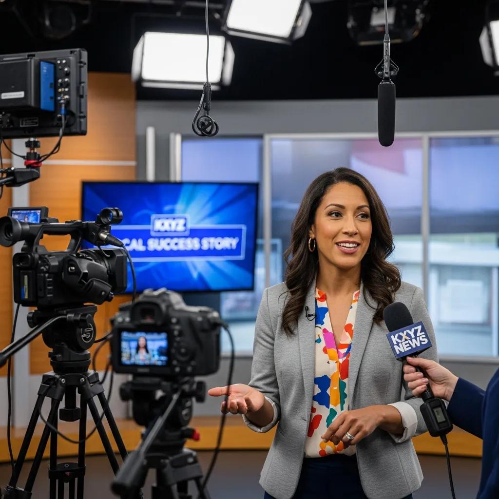 Small business owner presenting to local media in a television studio setting