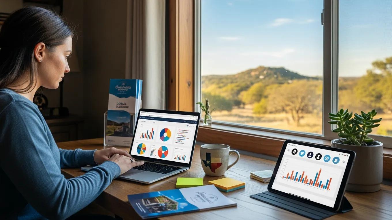 Small business owner reviewing custom marketing dashboards in a Texas office
