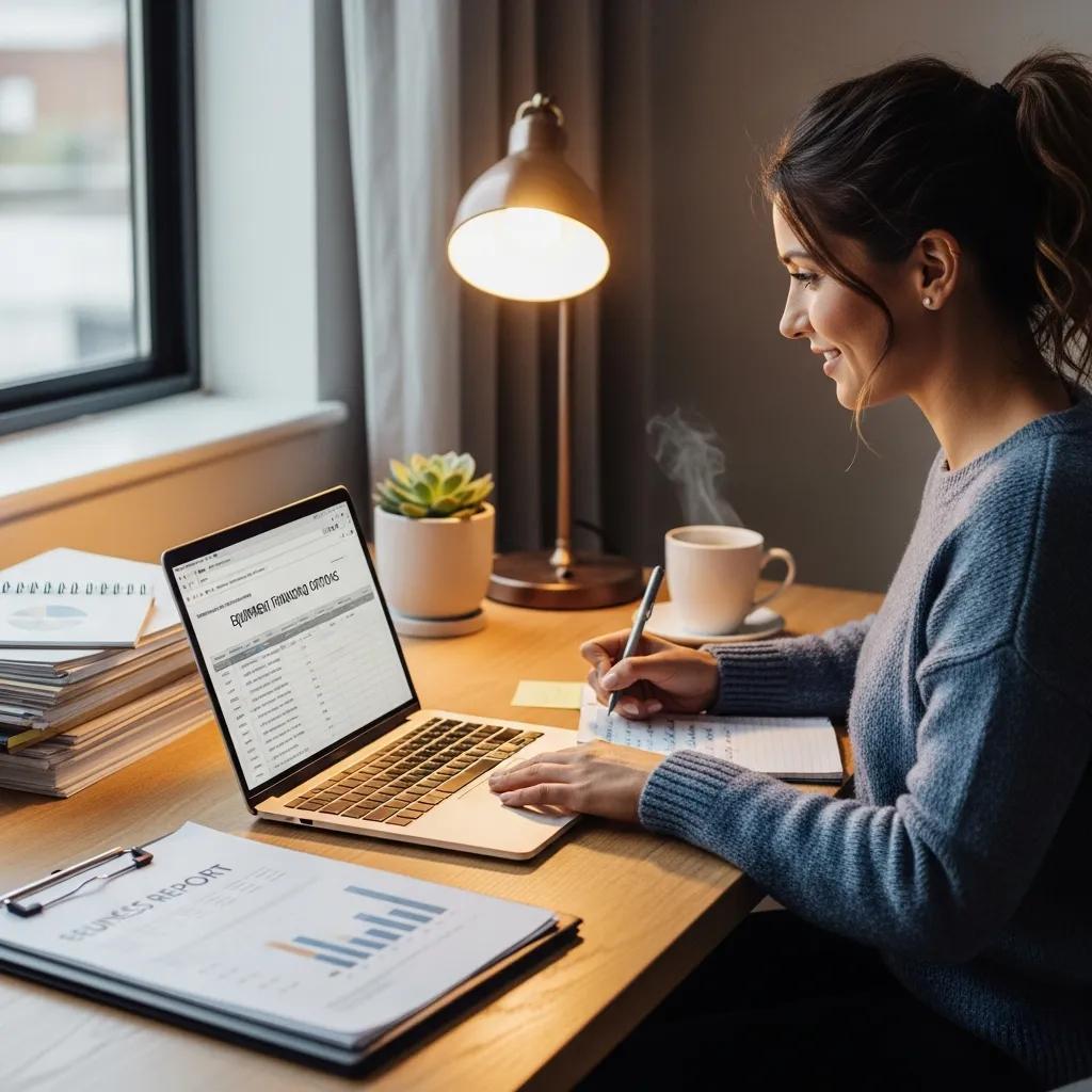 Small business owner reviewing equipment financing options in a cozy office setting