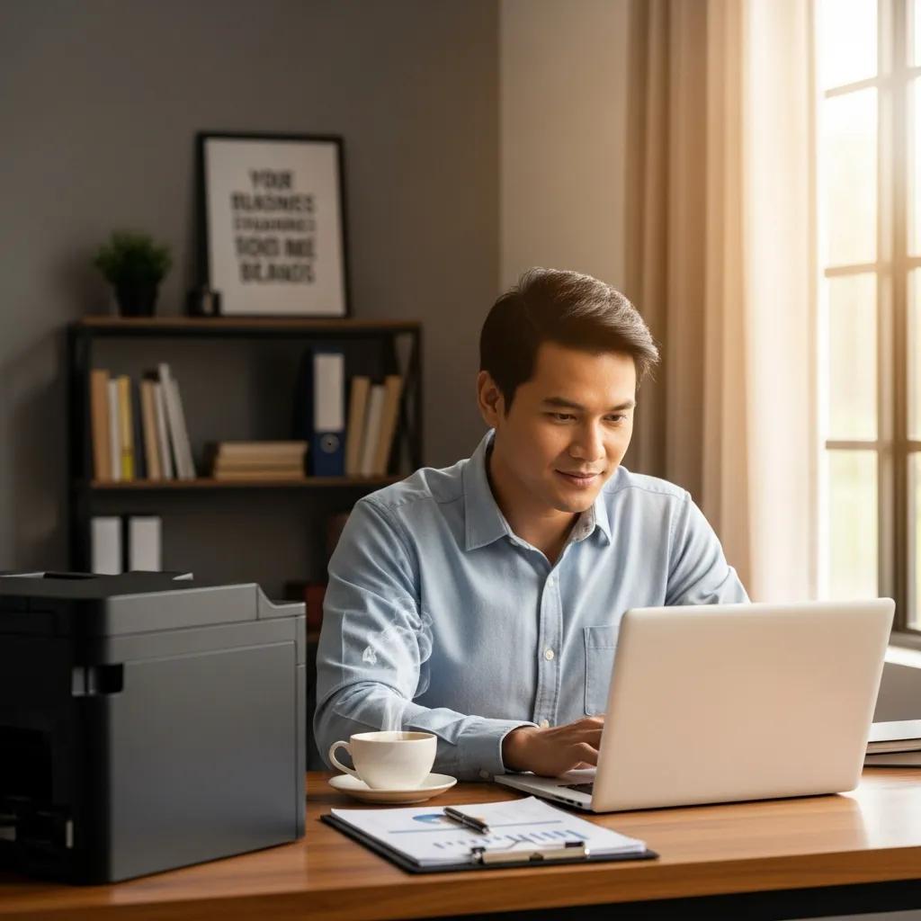 Small business owner reviewing equipment financing options in a cozy office setting