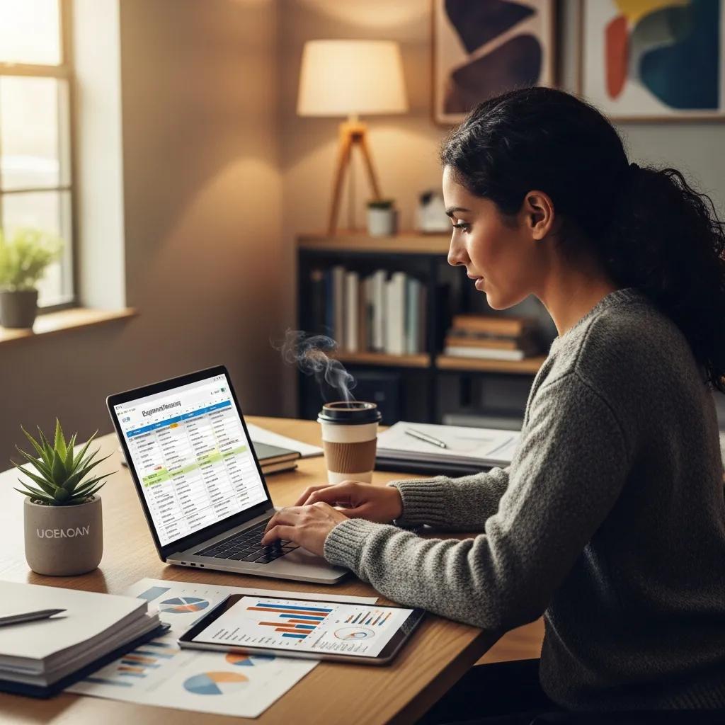 Small business owner reviewing equipment financing options in a cozy office setting