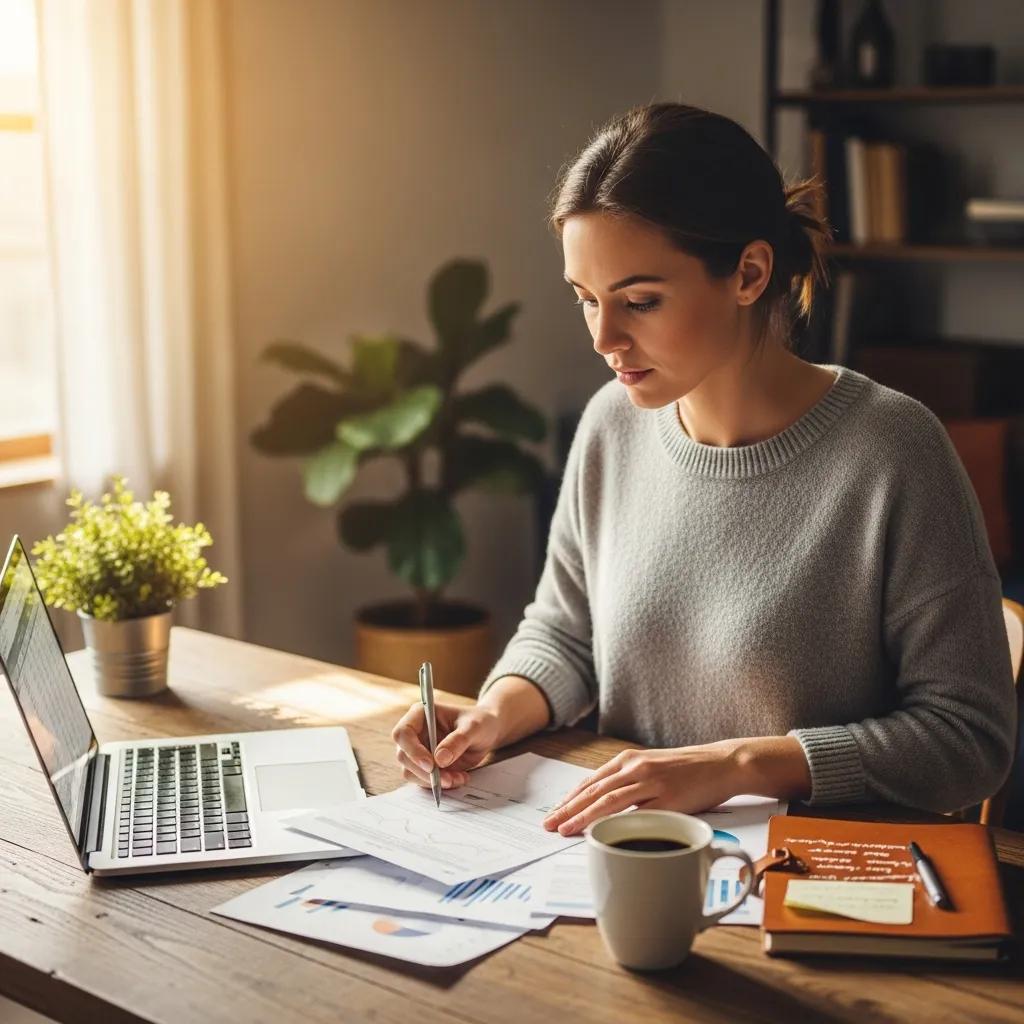 Small business owner reviewing financial documents in a cozy office setting