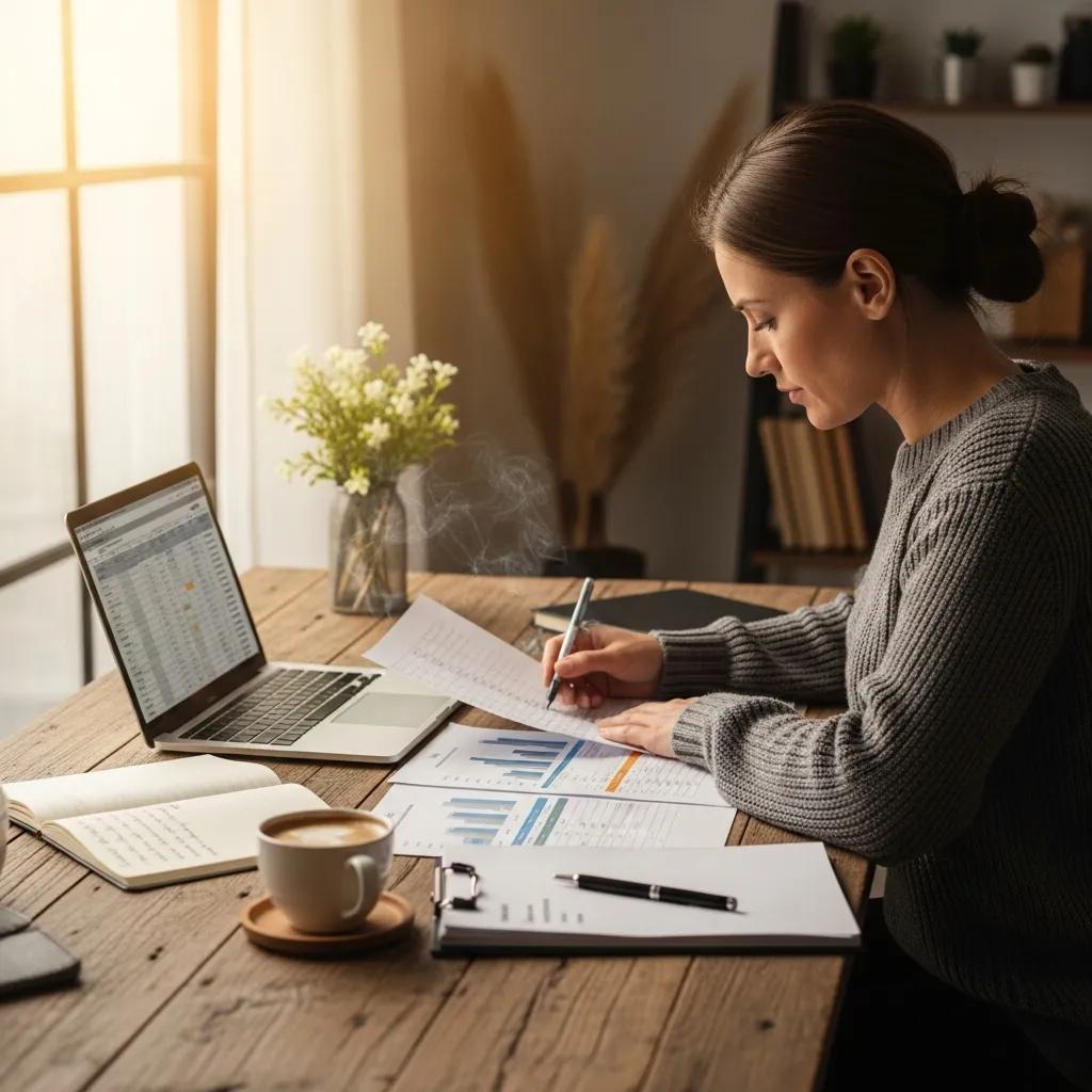 Small business owner reviewing financial documents in a cozy workspace