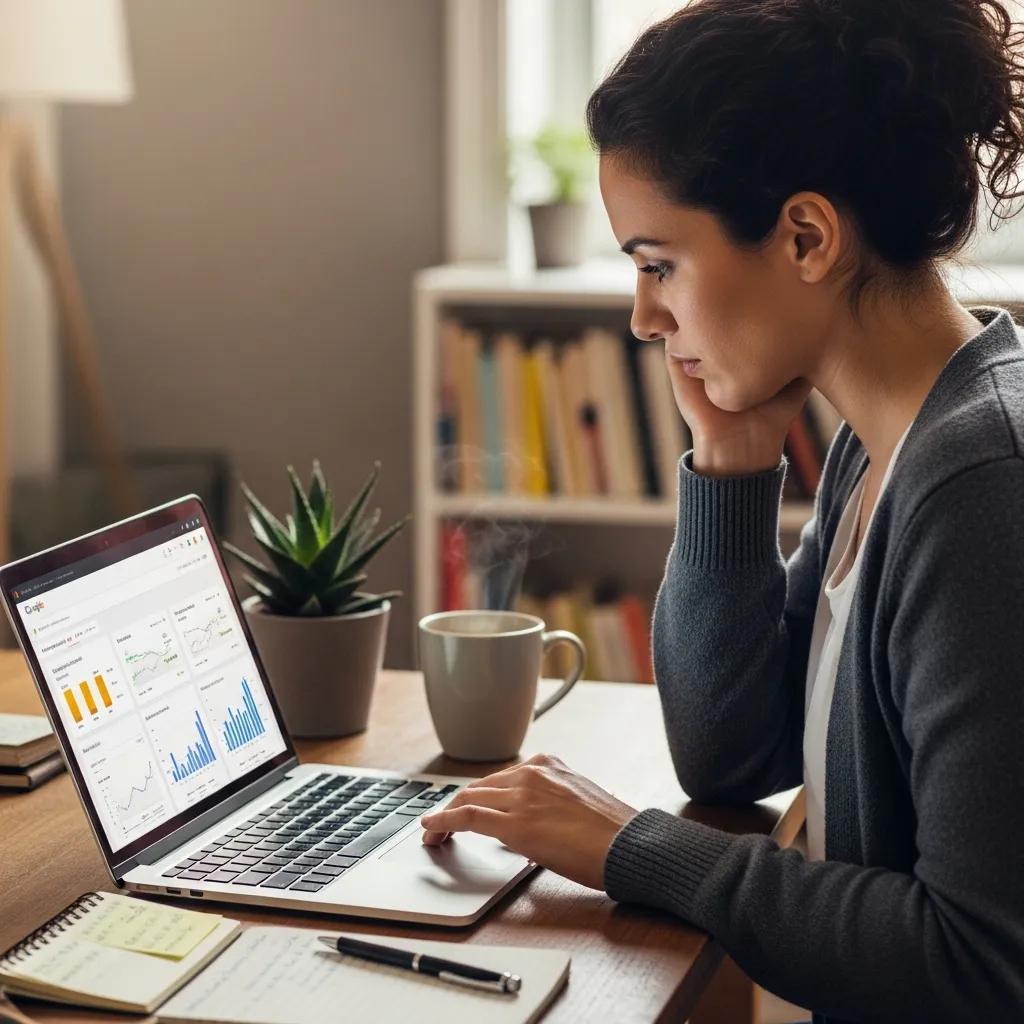 Small business owner reviewing Google Ads performance in a cozy office