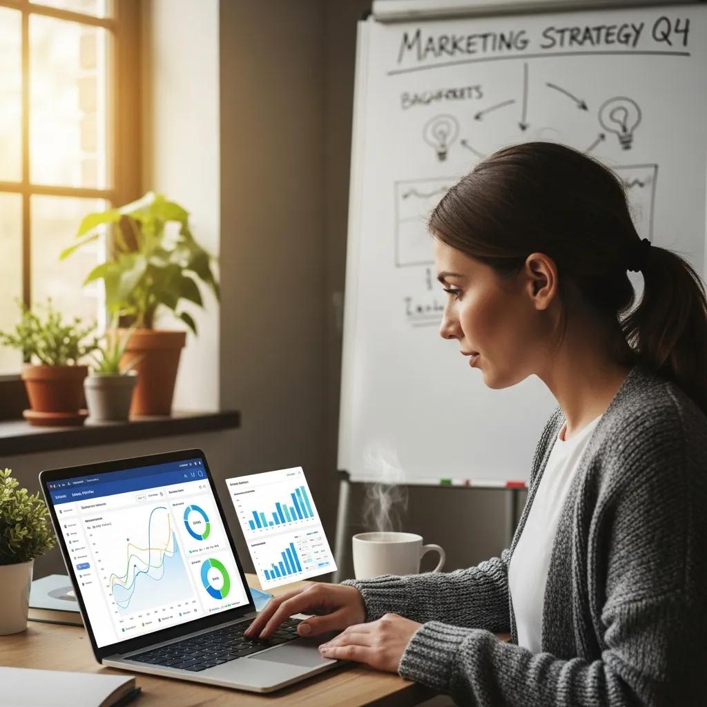 Small business owner reviewing real-time analytics on a laptop in a cozy office