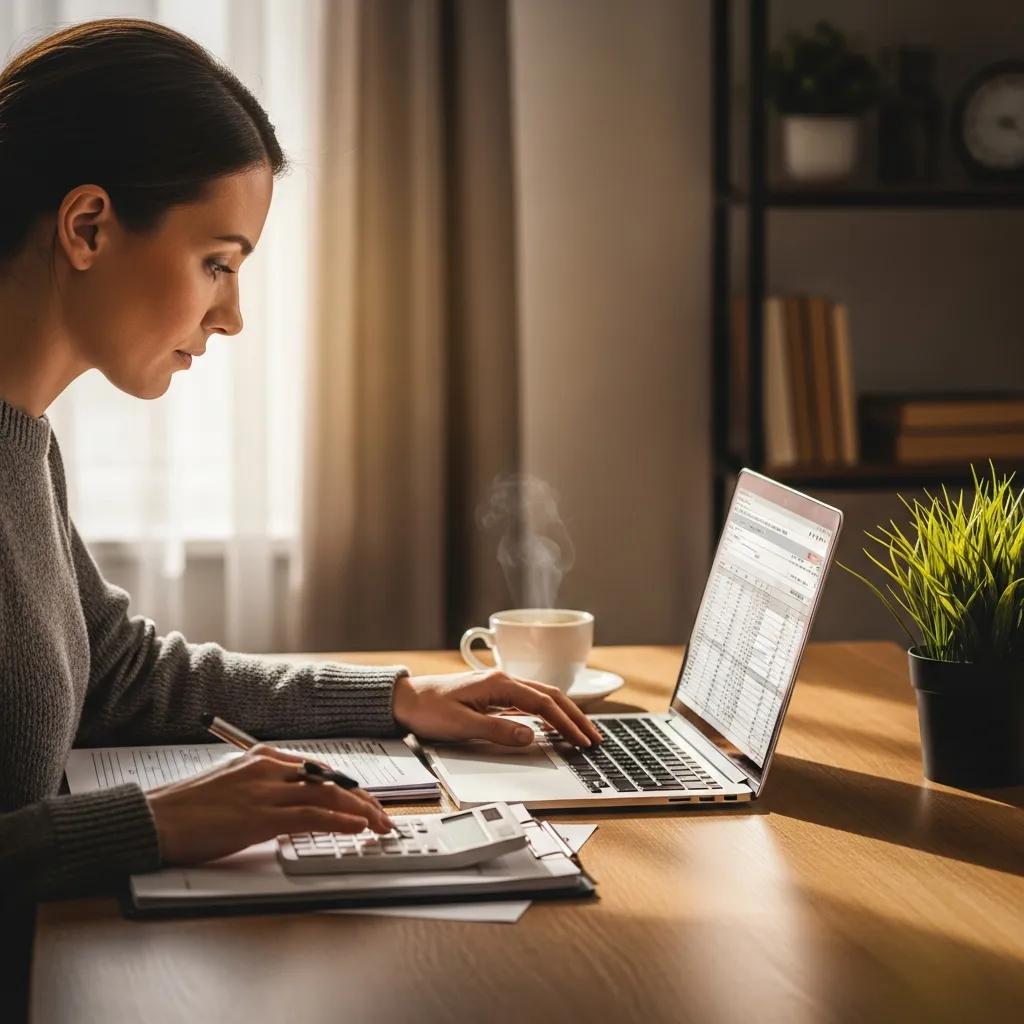 Small business owner reviewing tax documents at a cozy desk