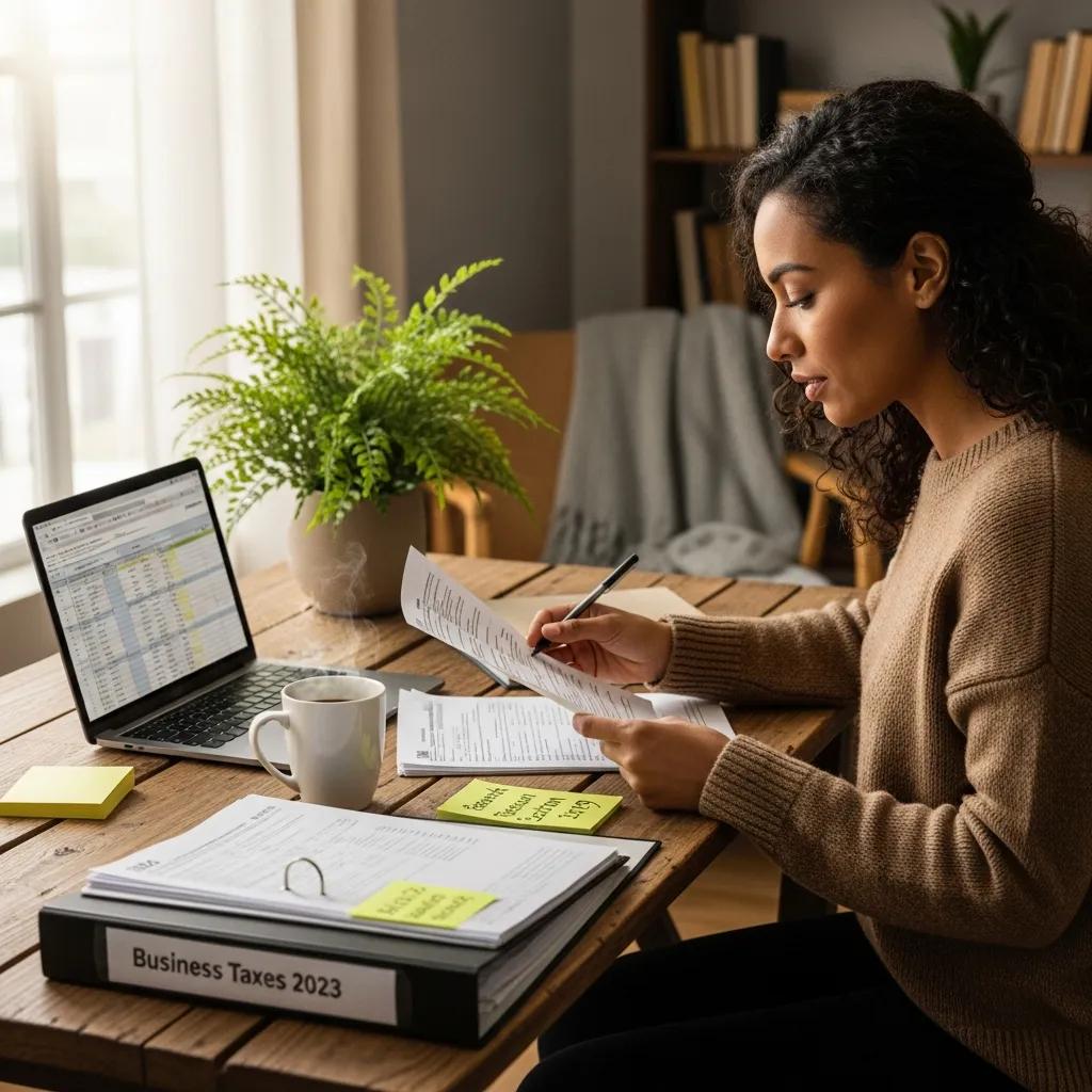 Small business owner reviewing tax documents in a cozy office environment