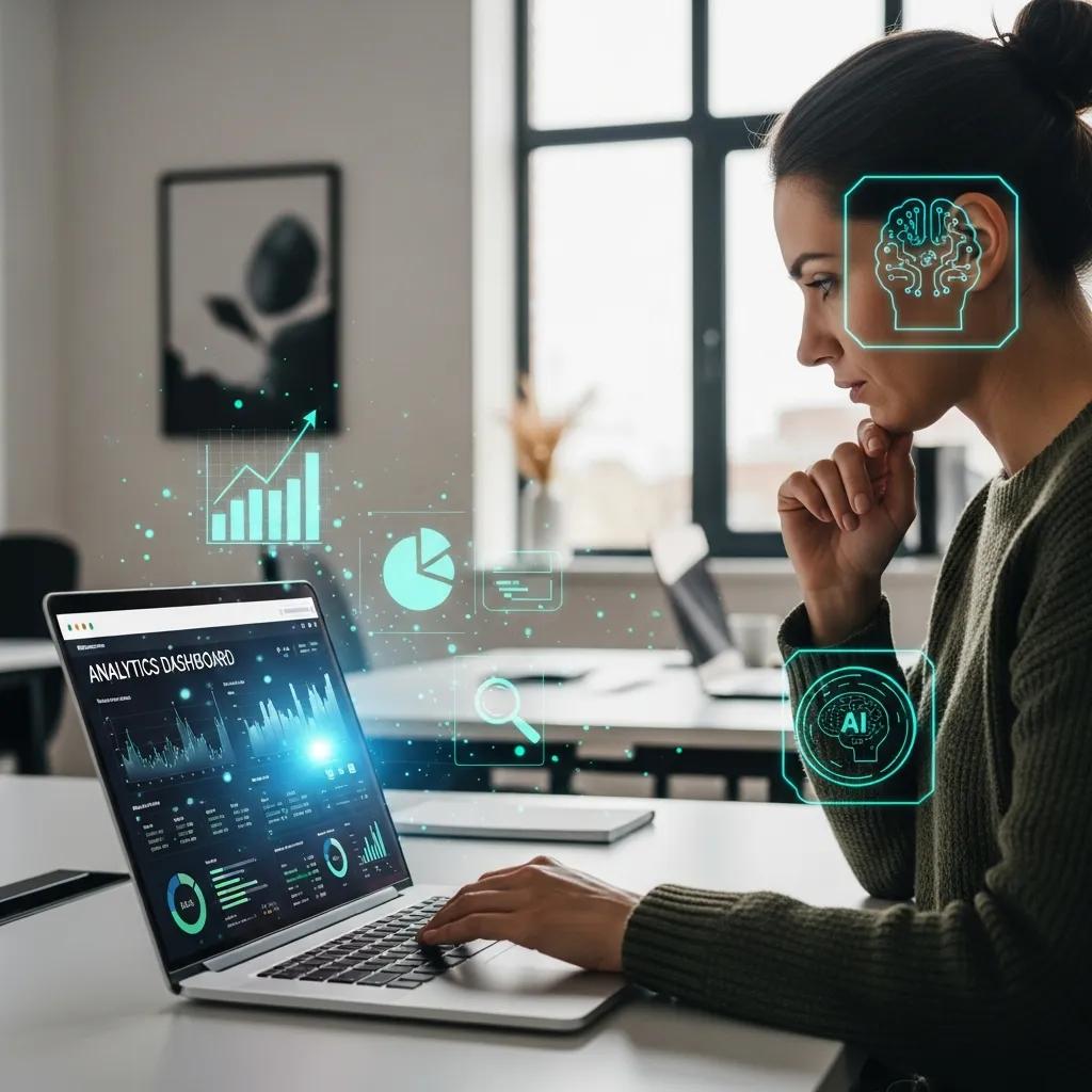 Small business owner reviewing website analytics with AI elements in a modern office