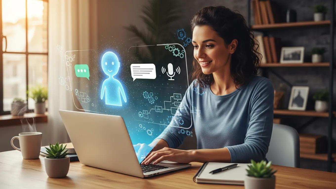 Small business owner using AI Assistant 360 on a laptop, illustrating voice and chat automation