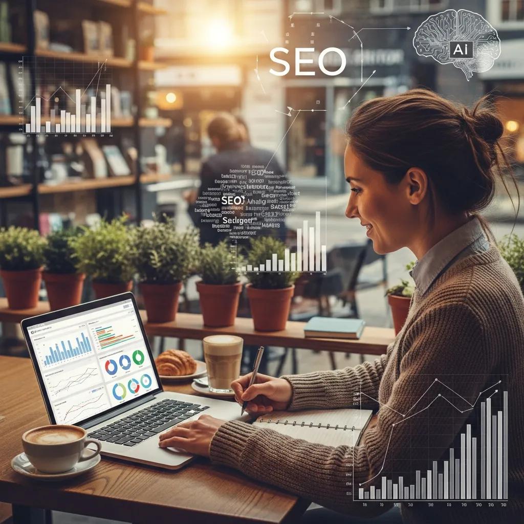 Small business owner using AI SEO tools in a cozy café environment