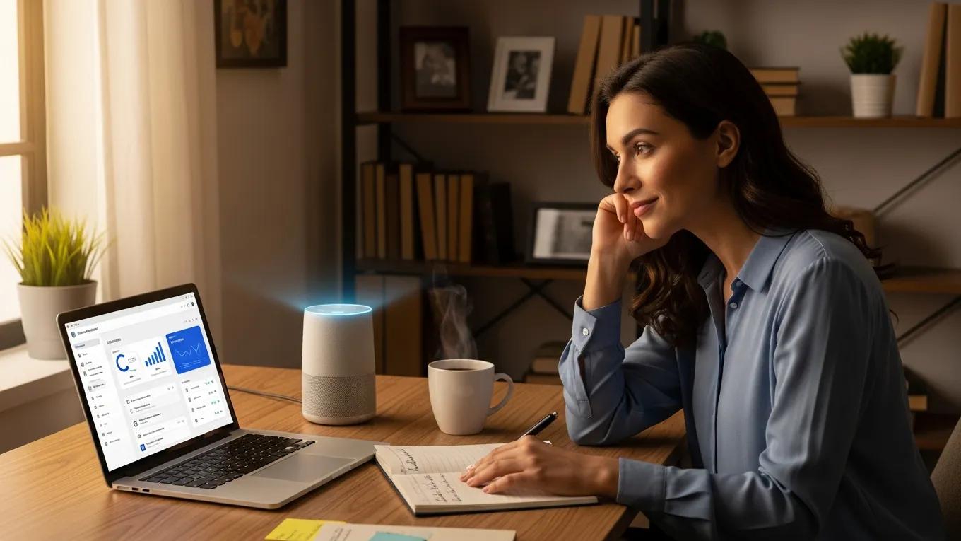 Small business owner using AI technology in a modern office setting
